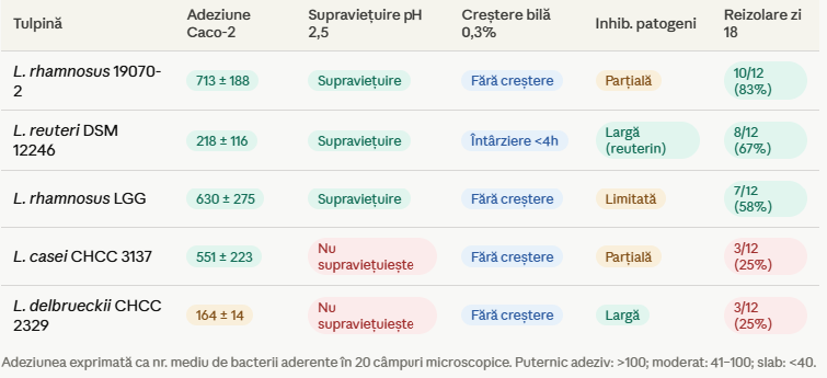 Tabel comparativ — proprietăți in vitro ale tulpinilor selectate